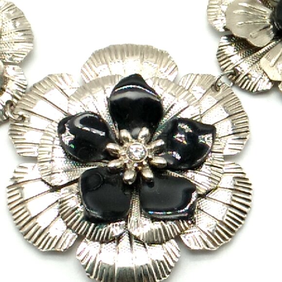 2028 Brand Metal Flower Necklace Black Silver-tone Crystal Signed - Picture 7 of 16